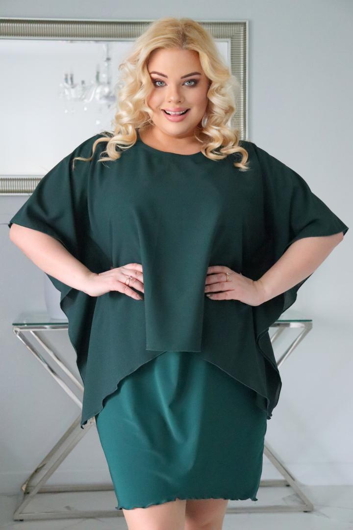 Sukienka Kama z prostokątną szyfonową narzutką butelkowa zieleń