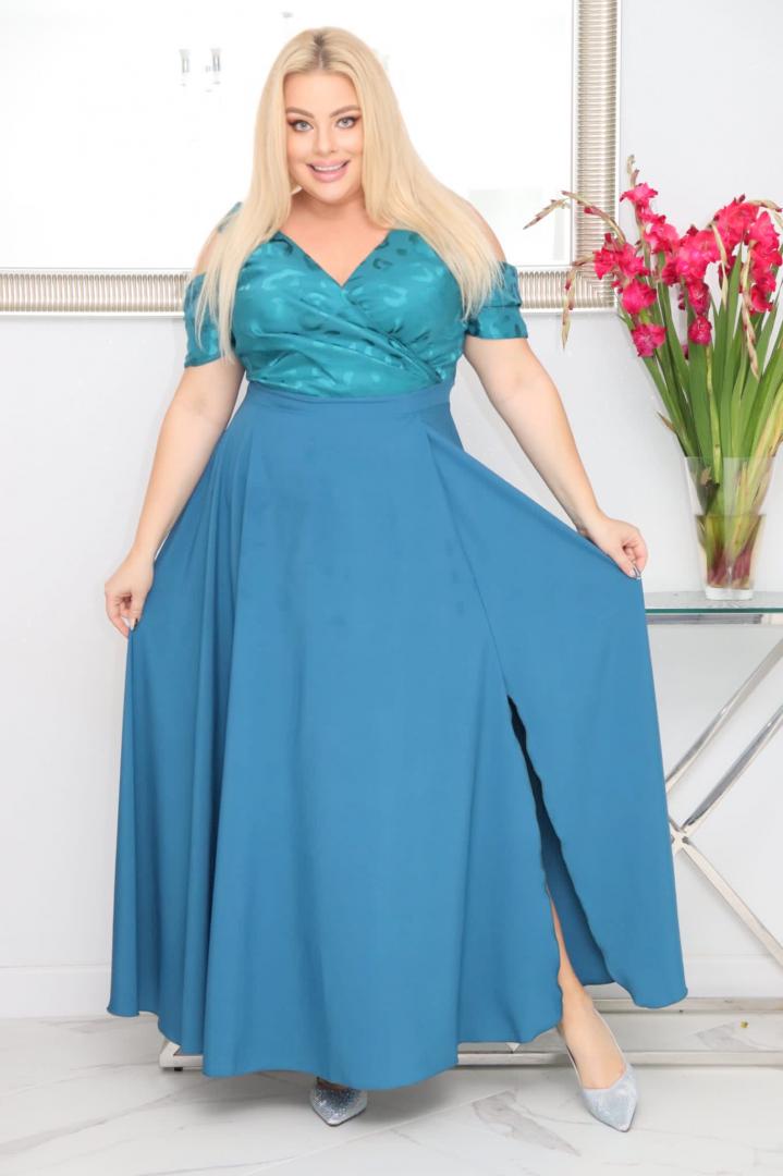 Sukienka Patrycja maxi wieczorowa rozkloszowana ekskluzywna kopertowy dekolt morska - obrazek 5