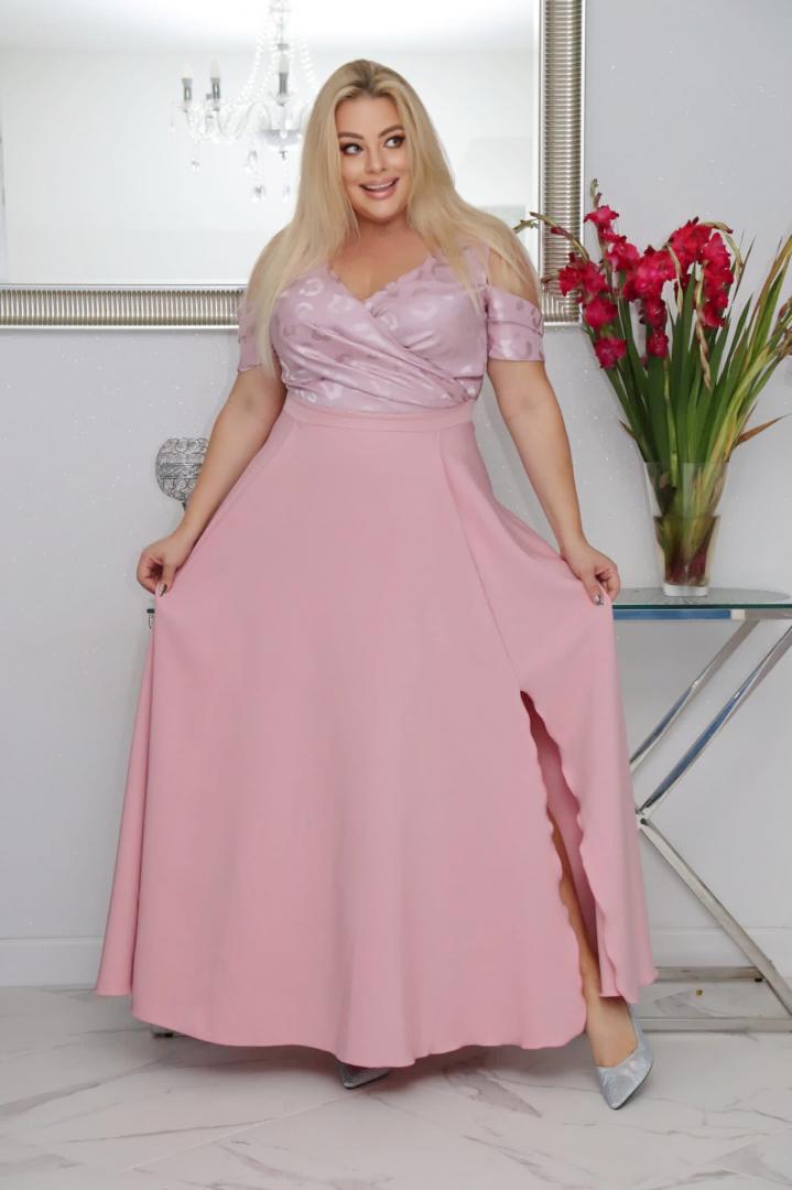 Sukienka Patrycja maxi wieczorowa rozkloszowana ekskluzywna kopertowy dekolt wrzosowa