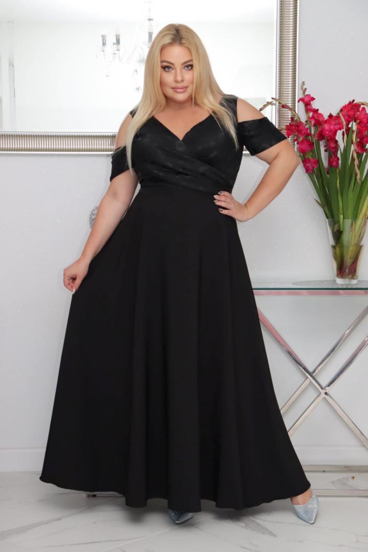Sukienka Patrycja maxi wieczorowa rozkloszowana ekskluzywna kopertowy dekolt czarna WYPRZEDAŻ - obrazek 3