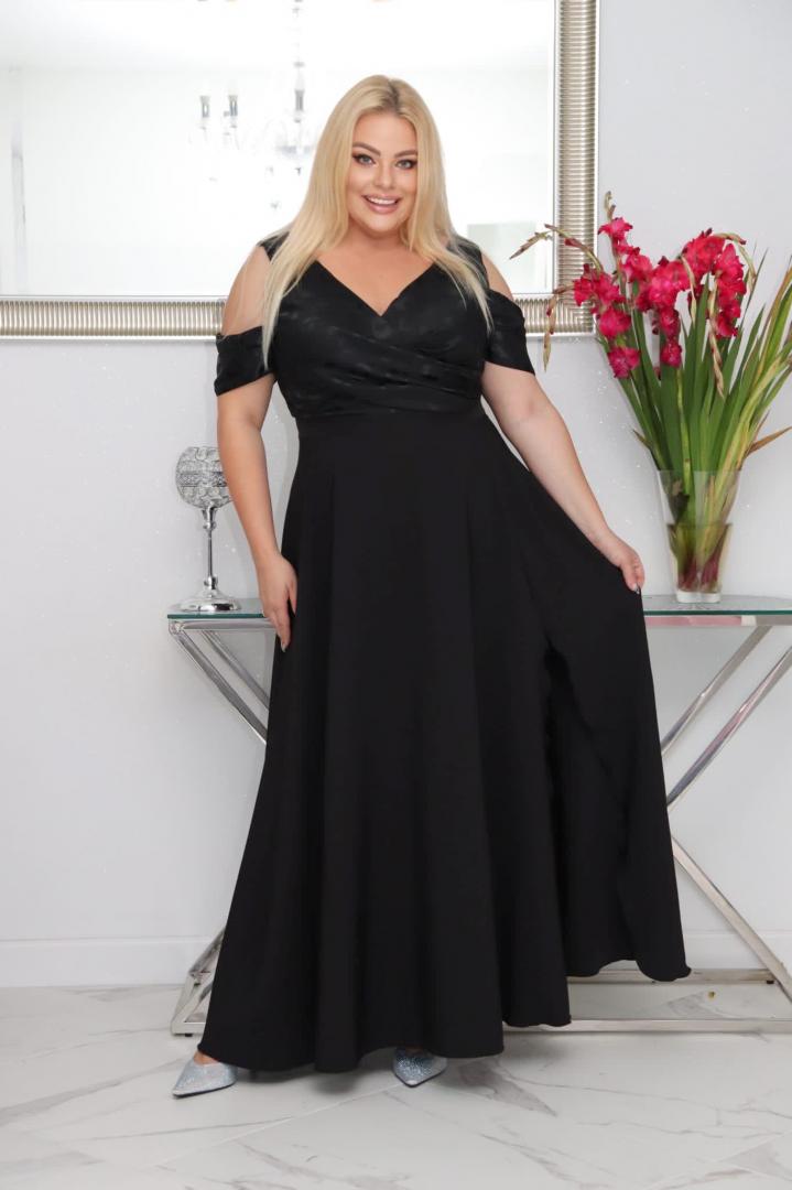 Sukienka Patrycja maxi wieczorowa rozkloszowana ekskluzywna kopertowy dekolt czarna WYPRZEDAŻ