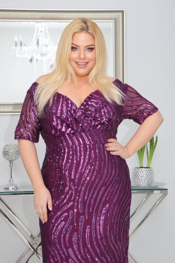 Sukienka PRECIOSA maxi ołówkowa cekinowa kopertowy dekolt fioletowa - obrazek 4