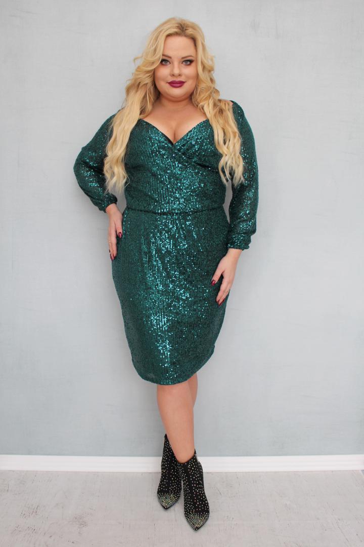 Sukienka Crystal cekinowa kopertowy dekolt CEKINY butelkowa zieleń