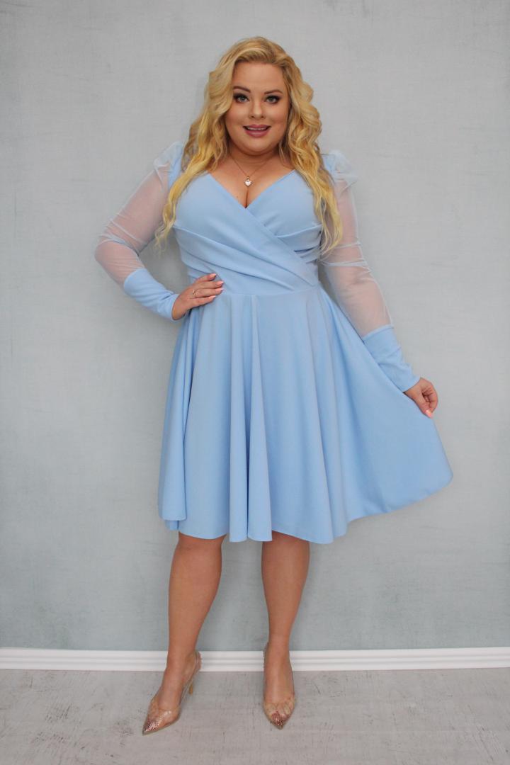 Sukienka Jessica rozkloszowana rękawy z tiulu bufki błękitna - obrazek 3