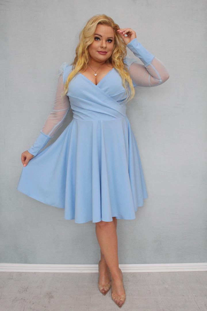 Sukienka Jessica rozkloszowana rękawy z tiulu bufki błękitna