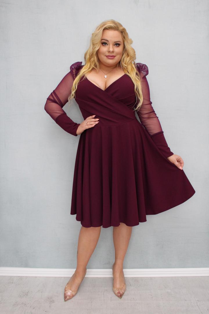 Sukienka Jessica rozkloszowana rękawy z tiulu bufki bordo