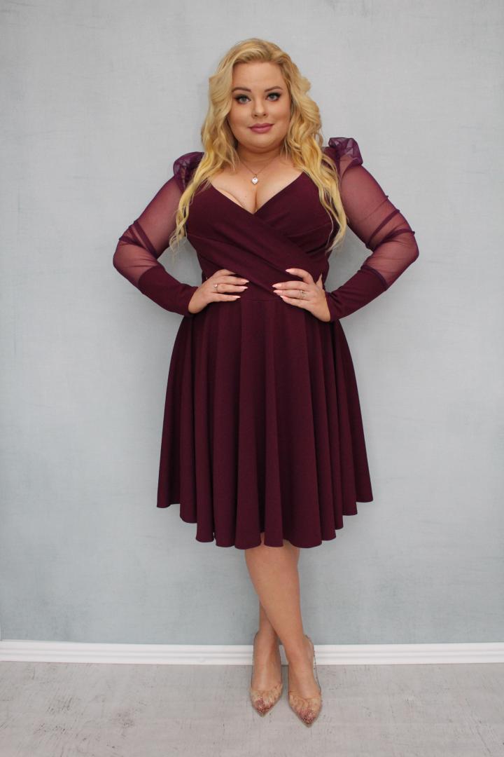 Sukienka Jessica rozkloszowana rękawy z tiulu bufki bordo - obrazek 4