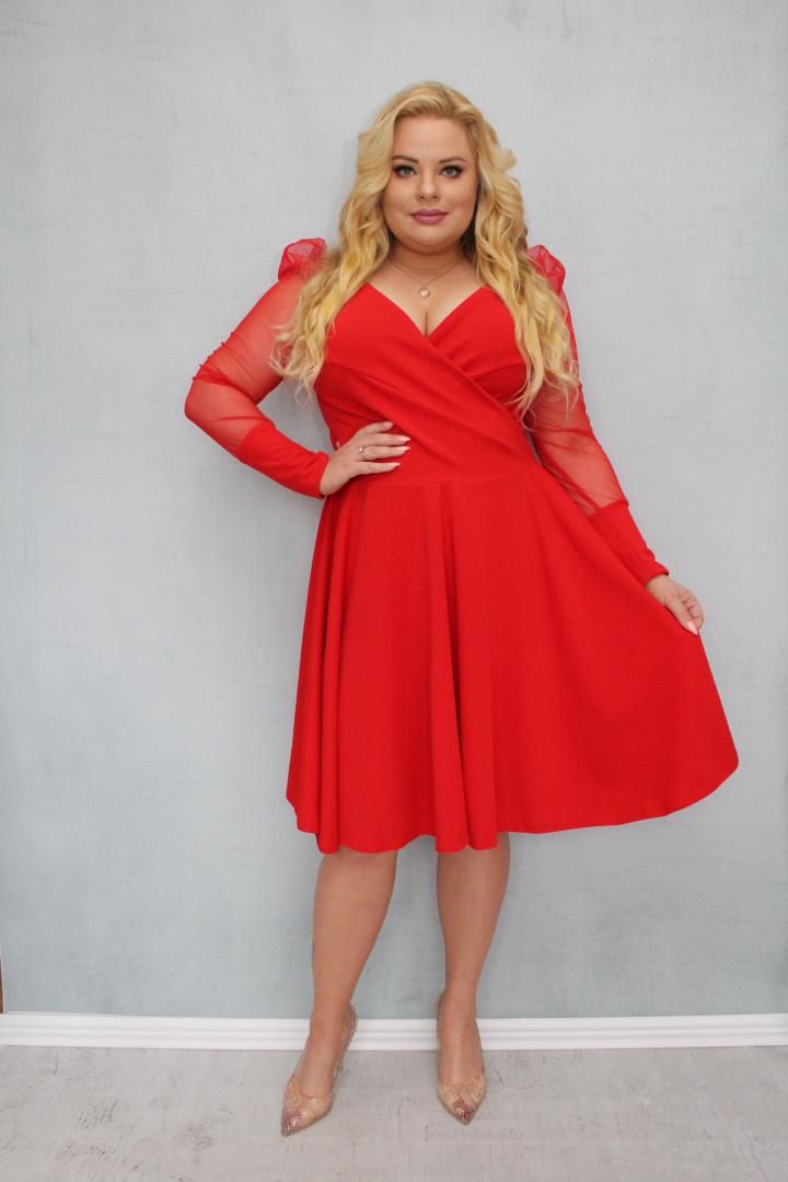 Sukienka Jessica rozkloszowana rękawy z tiulu bufki czerwona