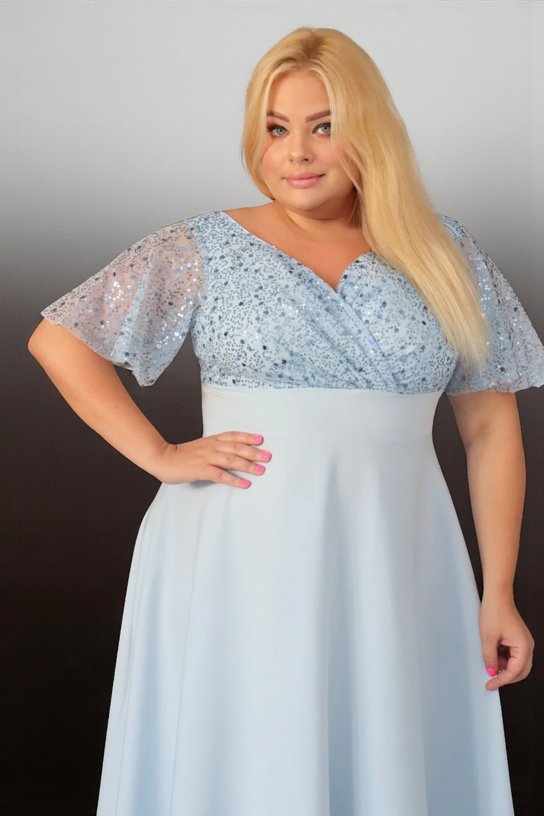 Sukienka klasyczna- elegancja, która olśniewa. Kwintesencja wieczorowego blasku! BŁĘKITNA. A008. MEGA WYPRZEDAŻ! - obrazek 2