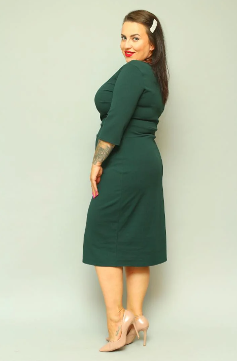 Sukienka klasyczna kopertowy dekolt butelkowa zieleń gładka. A001. MEGA WYPRZEDAŻ! - obrazek 3