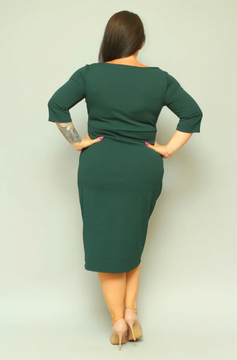 Sukienka klasyczna kopertowy dekolt butelkowa zieleń gładka. A001. MEGA WYPRZEDAŻ! - obrazek 4