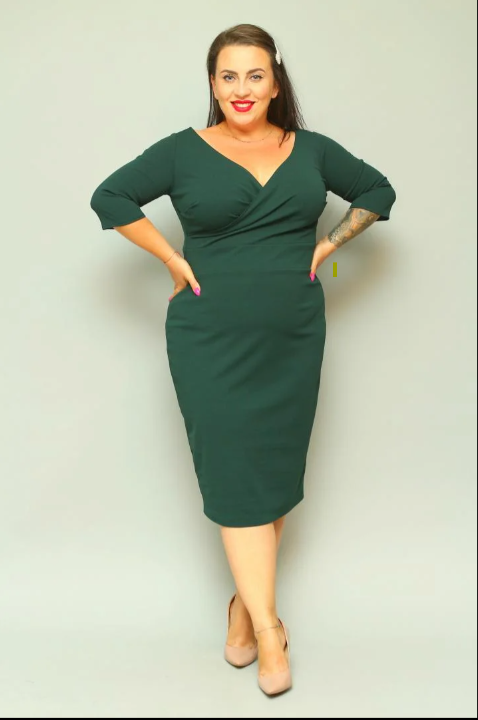 Sukienka klasyczna kopertowy dekolt butelkowa zieleń gładka. A001. MEGA WYPRZEDAŻ! - obrazek 5