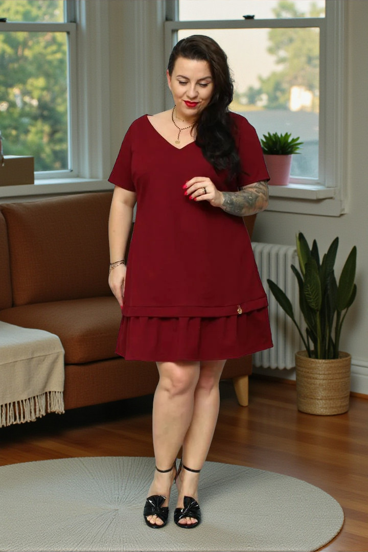Sukienka Anika trapezowa z falbanką 100% BAWEŁNA POLSKI DRES bordowa
