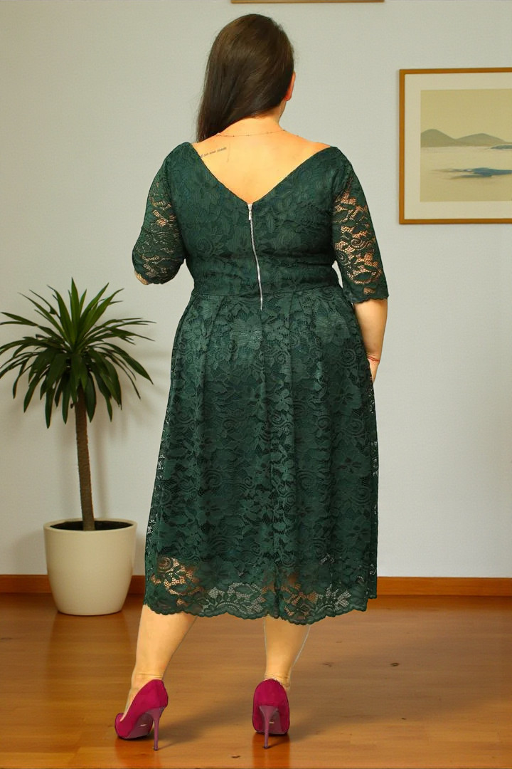 Sukienka Vivienne koronkowa rozkloszowana butelkowa zieleń koronka kwiaty - obrazek 4