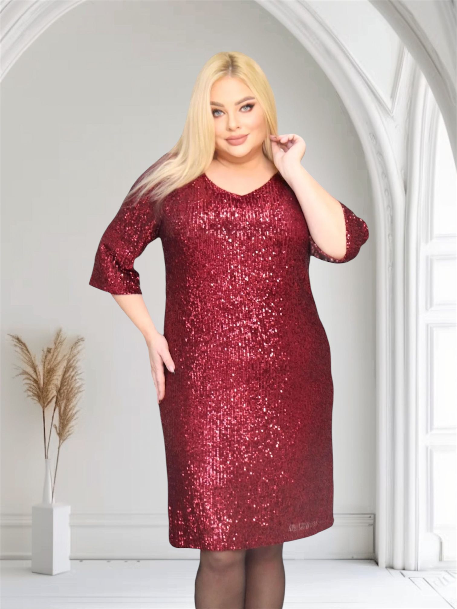 Sukienka Eletra pudełkowa cekinowa bordowa - obrazek 4