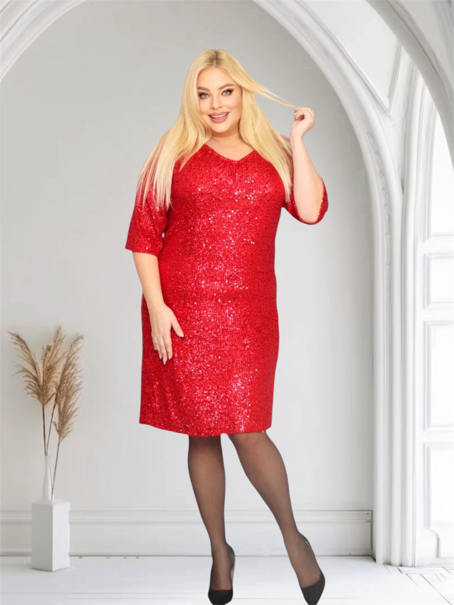 Sukienka Eletra pudełkowa cekinowa czerwona - obrazek 3