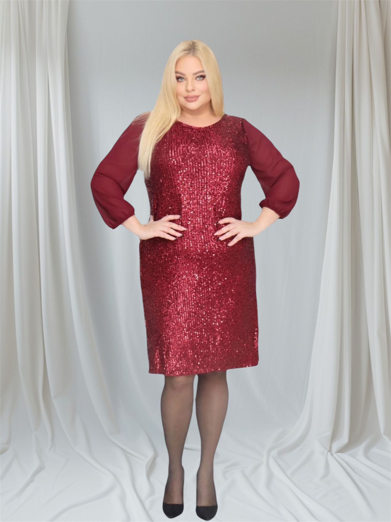 Sukienka Riley cekinowa szyfonowa kokarda bordowa - obrazek 4