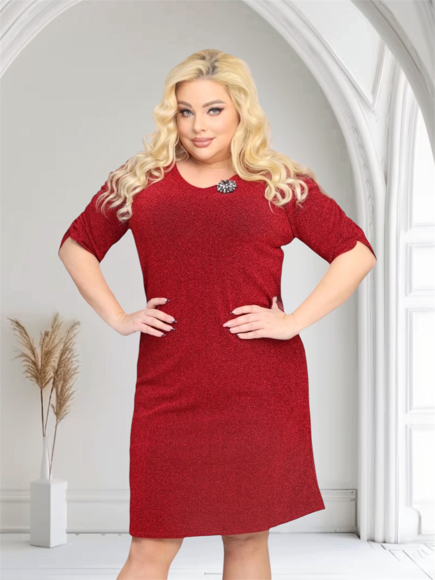 Sukienka Leja z dzianiny brilliance z broszką GRATIS czerwona - obrazek 4