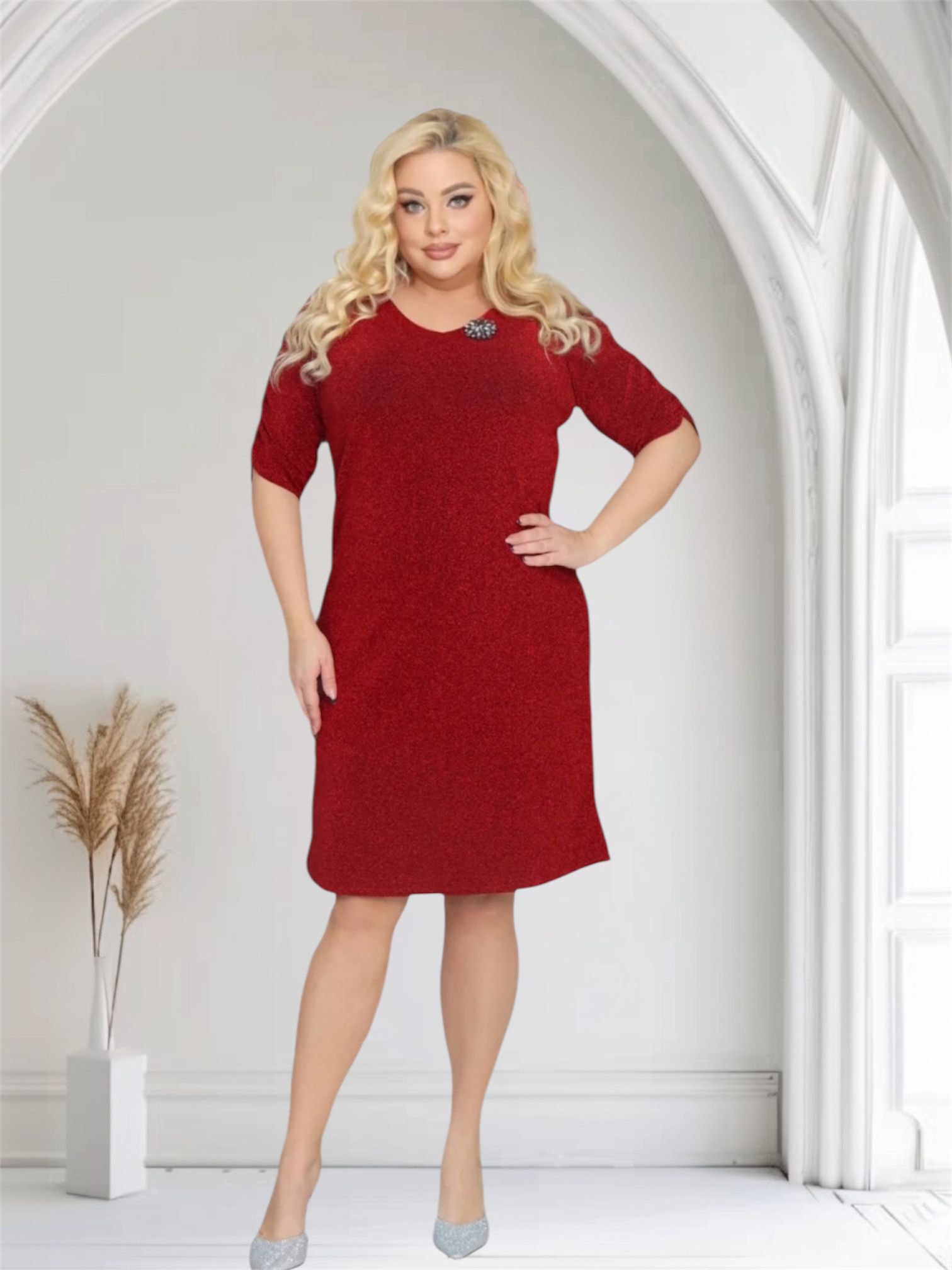 Sukienka Leja z dzianiny brilliance z broszką GRATIS czerwona - obrazek 5