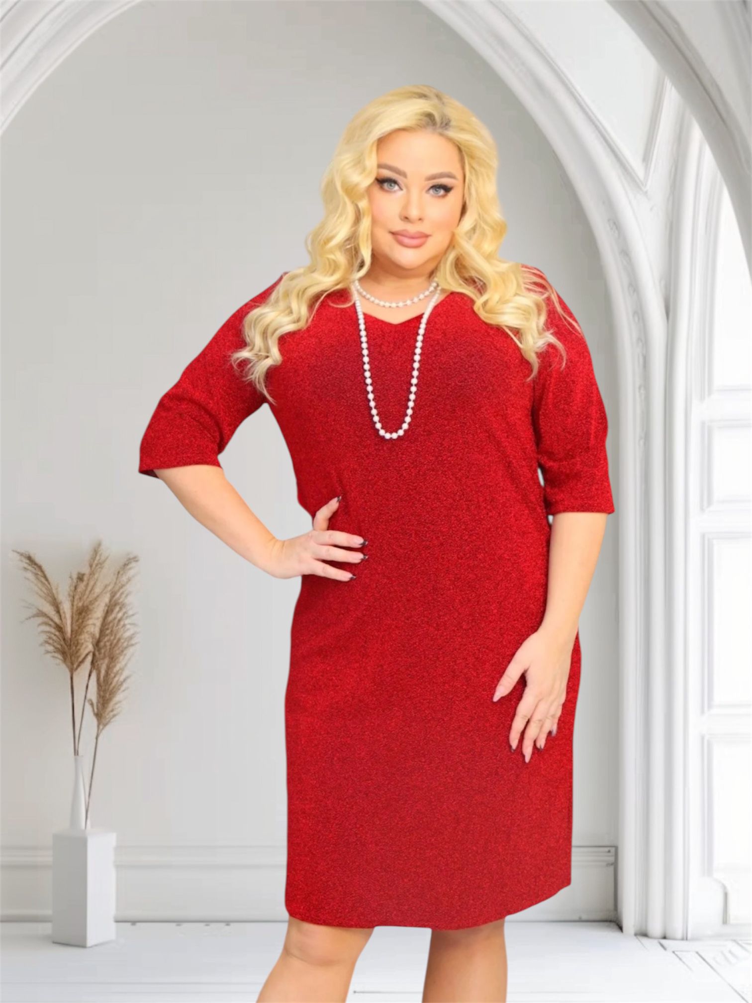 Sukienka Dina z dzianiny brilliance z perłami GRATIS czerwona - obrazek 5