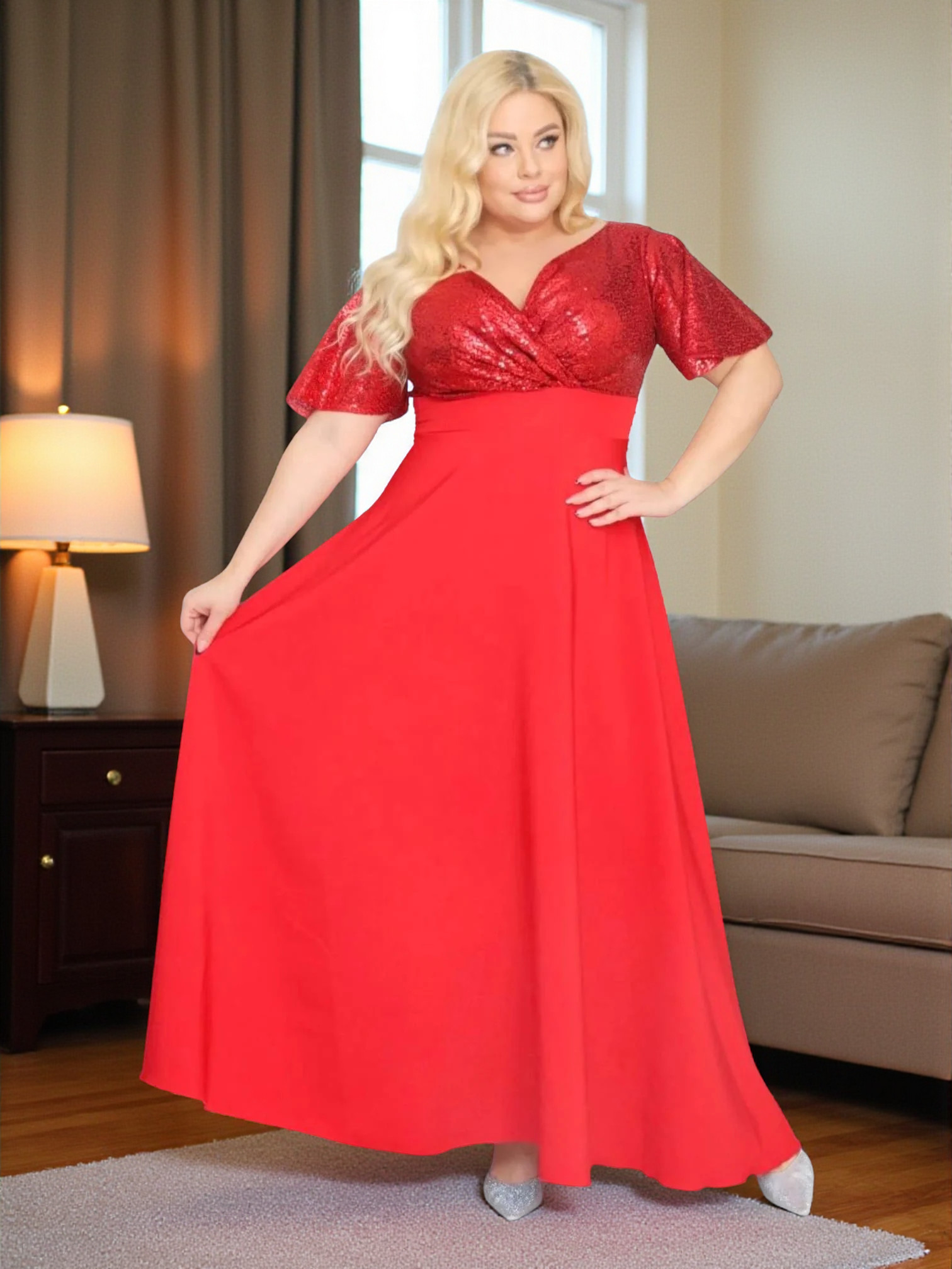 Sukienka Arwena - elegancja, która olśniewa. Kwintesencja wieczorowego blasku! CZERWONA DROBNE CEKINY - obrazek 3