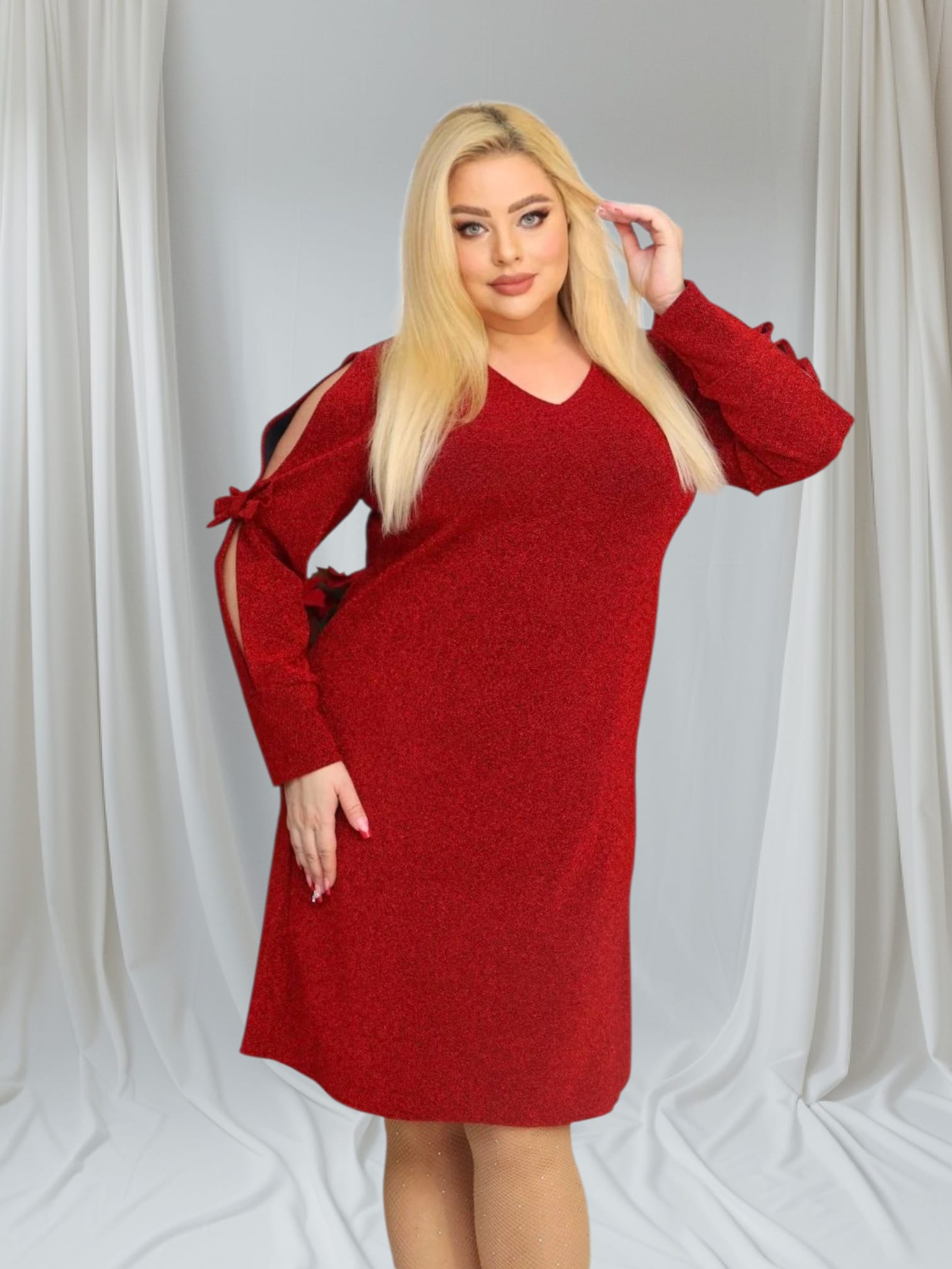 Sukienka Anja trapezowa rozcięte rękawy z kokardkami brilliance czerwona - obrazek 4