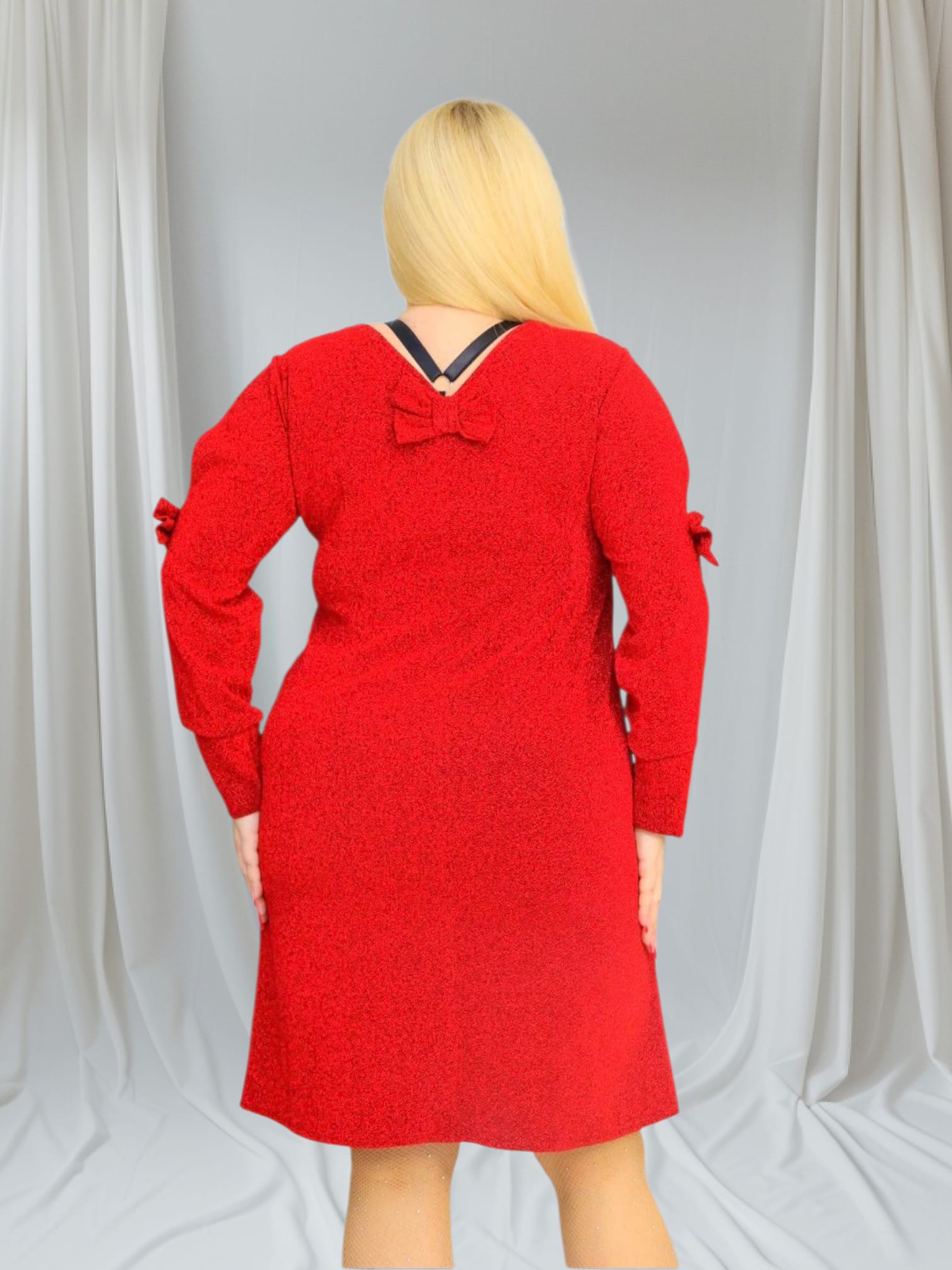 Sukienka Anja trapezowa rozcięte rękawy z kokardkami brilliance czerwona - obrazek 5