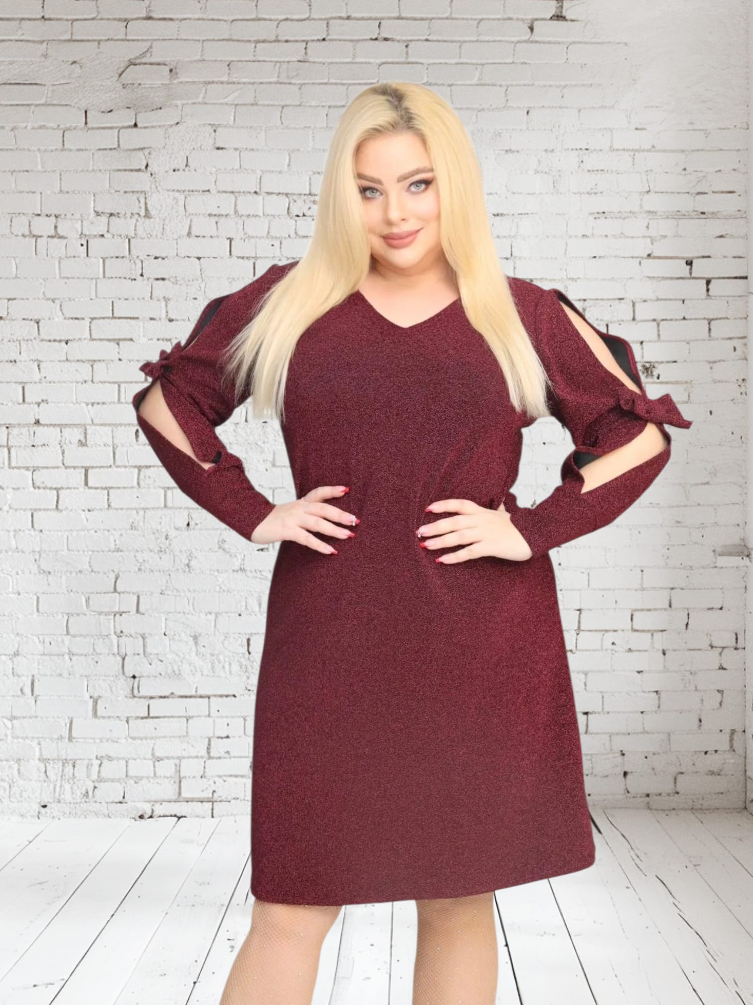 Sukienka Anja trapezowa rozcięte rękawy z kokardkami brilliance bordowa - obrazek 3