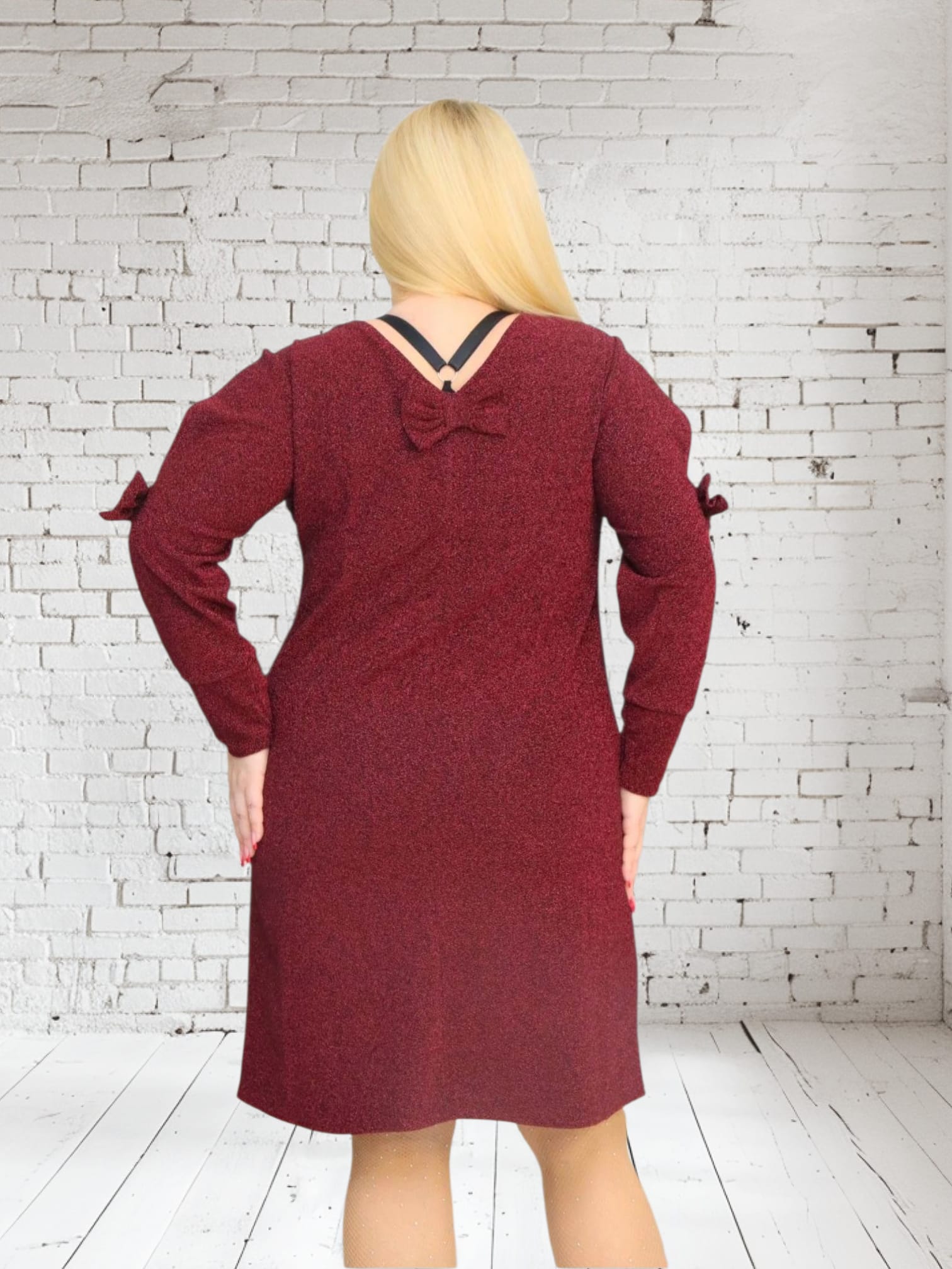 Sukienka Anja trapezowa rozcięte rękawy z kokardkami brilliance bordowa - obrazek 5