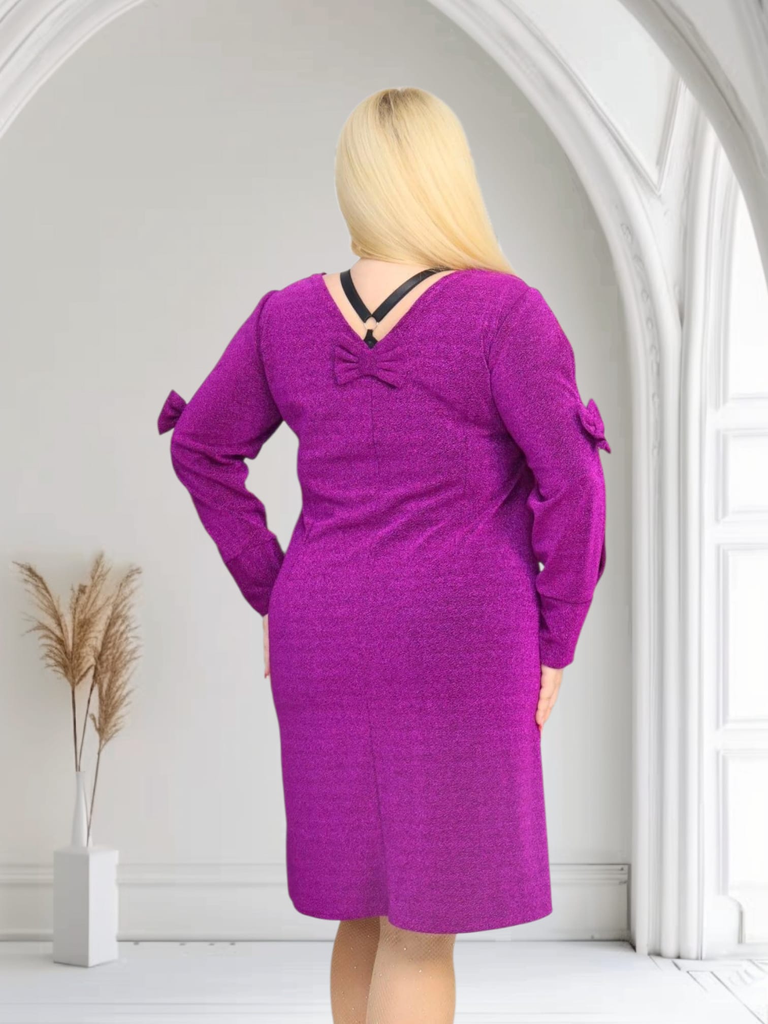 Sukienka Anja trapezowa rozcięte rękawy z kokardkami brilliance fioletowa - obrazek 4