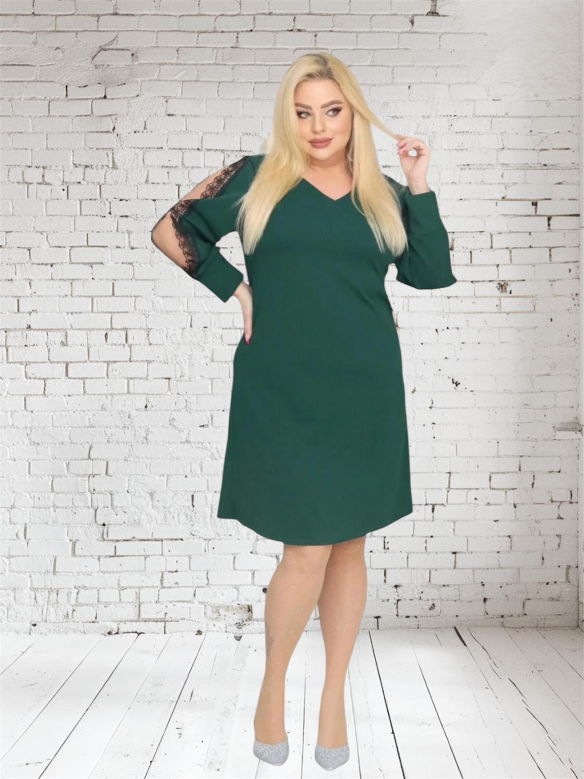 Sukienka Otavia trapezowa rozcięte rękawy koronka butelkowa zieleń - obrazek 3