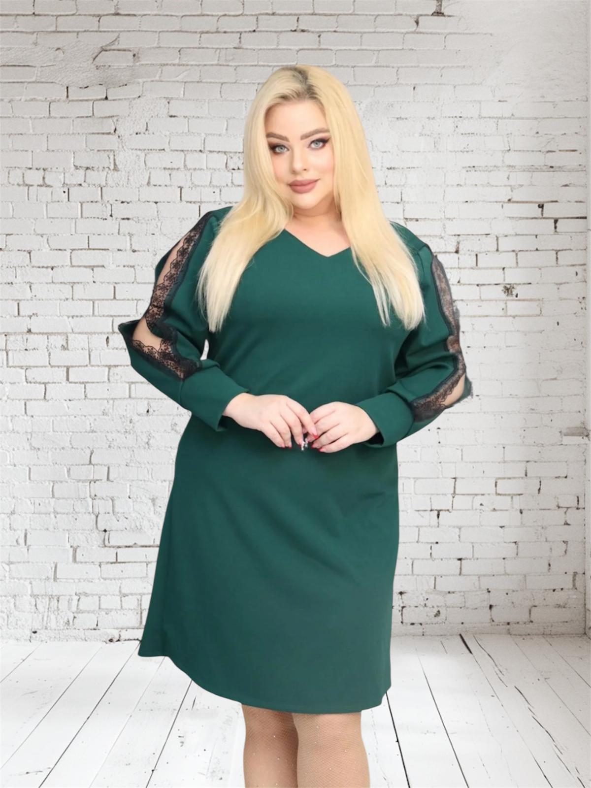 Sukienka Otavia trapezowa rozcięte rękawy koronka butelkowa zieleń - obrazek 4