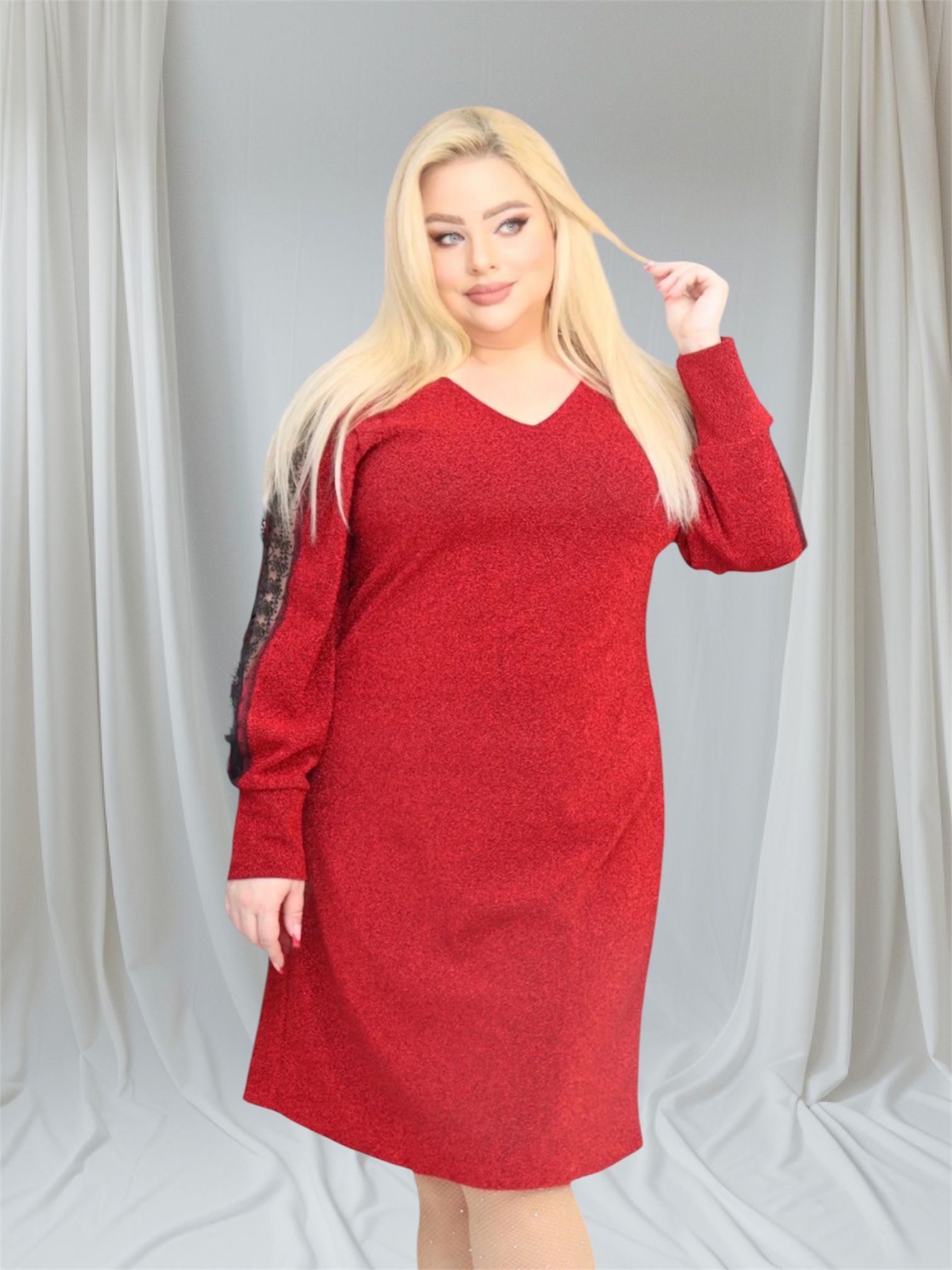 Sukienka Otavia trapezowa rozcięte rękawy koronka brilliance czerwona - obrazek 3