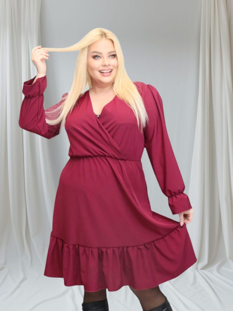 Sukienka Lundia rozkloszowana zwiewna tkanina silk kopertowy dekolt bordo - obrazek 3