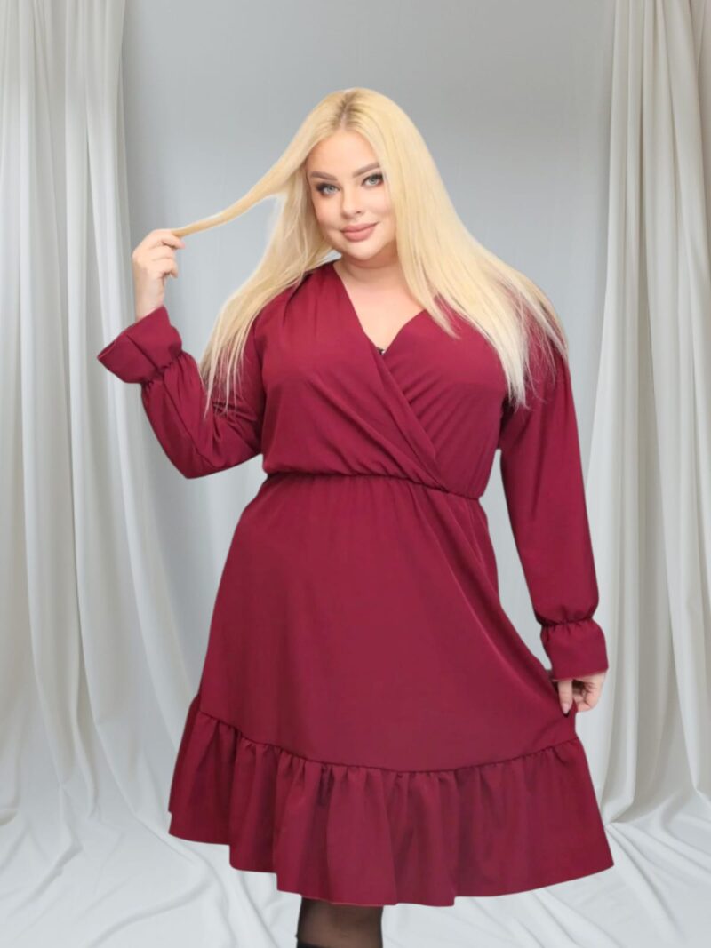 Sukienka Lundia rozkloszowana zwiewna tkanina silk kopertowy dekolt bordo - obrazek 4