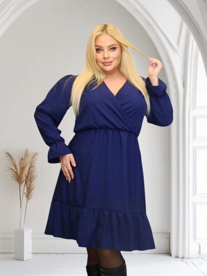 Sukienka Lundia rozkloszowana zwiewna tkanina silk kopertowy dekolt granatowa - obrazek 4
