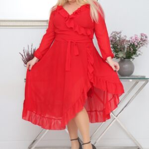 Sukienka Florencja rozkloszowana zwiewna z szyfonu kopertowy dekolt chabrowa. WYPRZEDAŻ KOLORU CHABROWEGO!