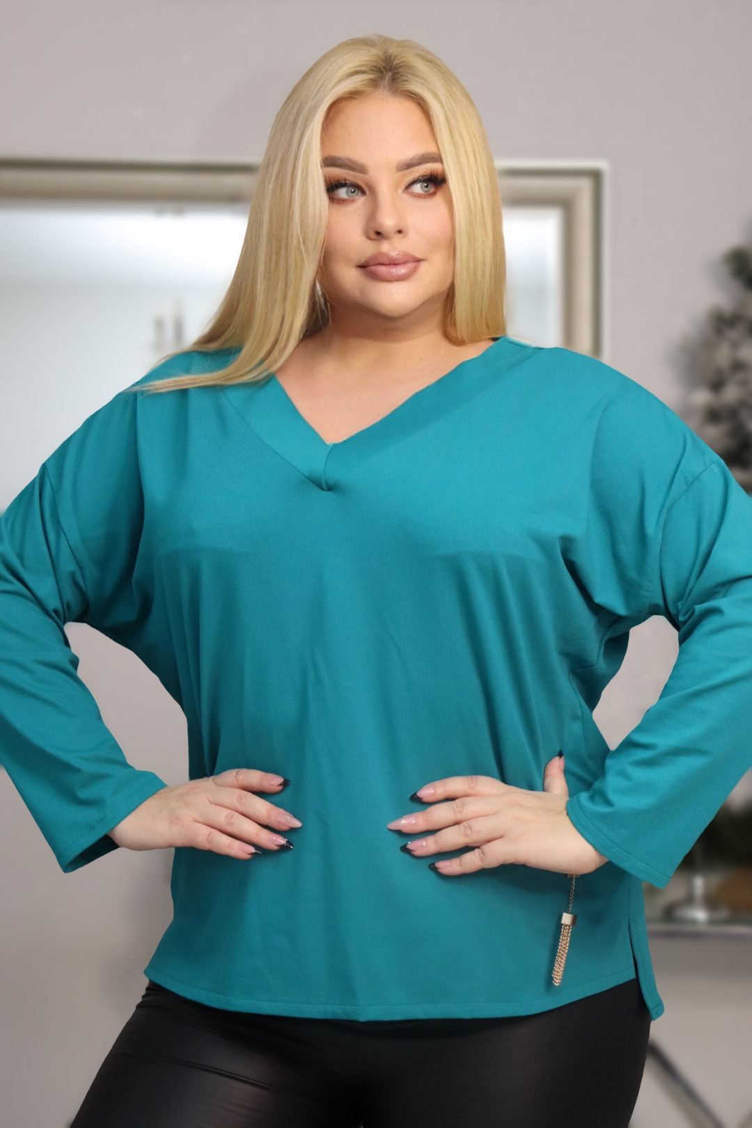 Tunika bluzka 100% bawełna z metalową przywieszką "frędzle" morska PROMOCJA - obrazek 3