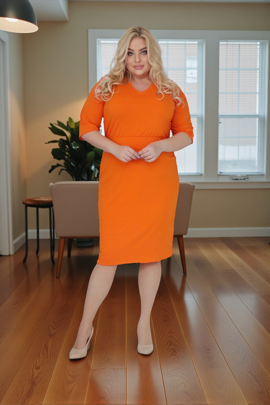 Sukienka Jolanda ciepła dzianina z marszczoną gumą pomarańczowa