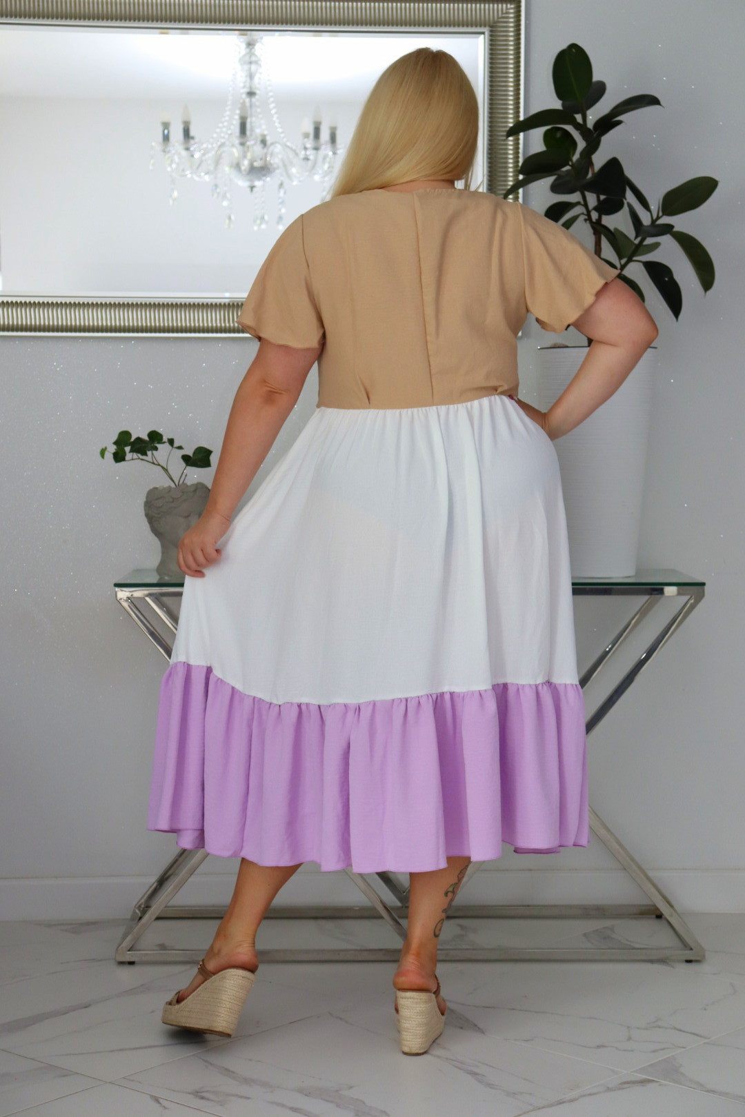 Sukienka DILETA 100% wiskoza NUDE+ECRU+LILIA NATURALNY SKŁAD - obrazek 6