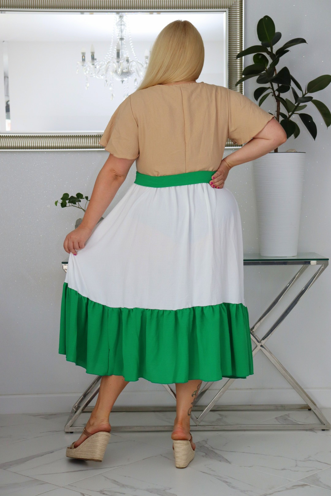 Sukienka DILETA 100% wiskoza NUDE+ECRU+ZIELONA NATURALNY SKŁAD - obrazek 6