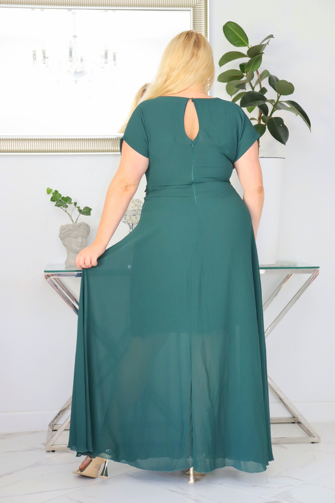 Sukienka MELISA rozkloszowana long wieczorowa dekolt zakładki BUTELKOWA ZIELEŃ - obrazek 6