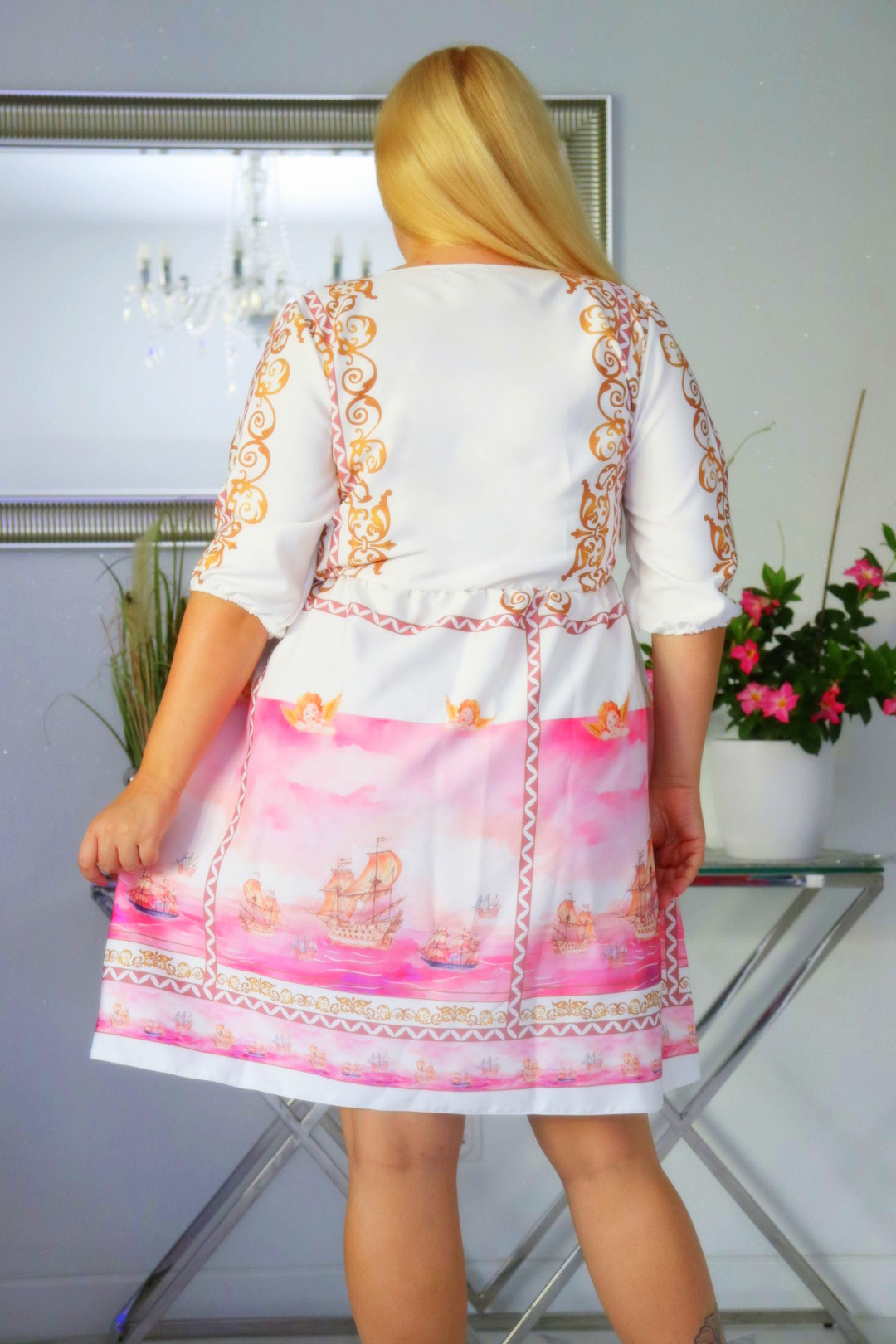 Sukienka NARINA trapezowa 100% bawełna WZÓR Z ANIOŁKAMI NATURALNY SKŁAD - obrazek 6