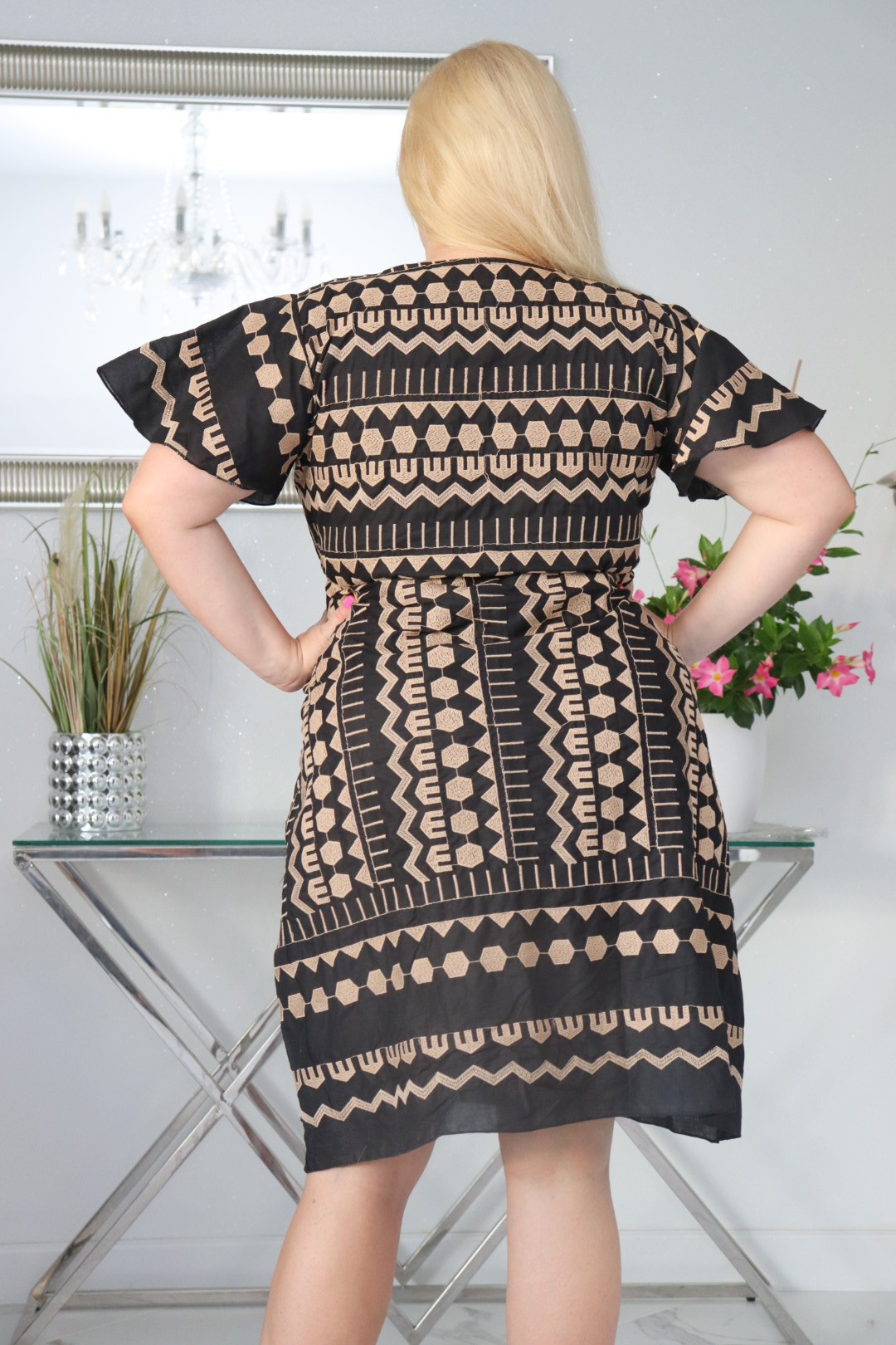 Sukienka NARINA trapezowa 100% bawełna WZÓR Z CZARNYM NATURALNY SKŁAD - obrazek 6