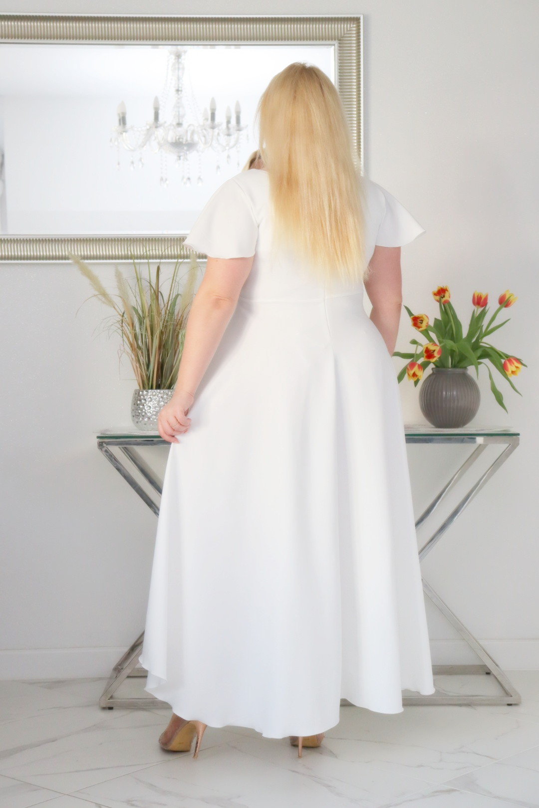 Sukienka Soraja asymetryczna rozkloszowana ekskluzywna kopertowy dekolt ecru biała WYPRZEDAŻ ! - obrazek 6