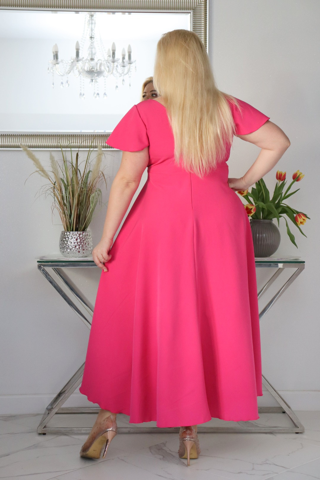 Sukienka Soraja asymetryczna rozkloszowana ekskluzywna kopertowy dekolt amarant WYPRZEDAŻ - obrazek 6