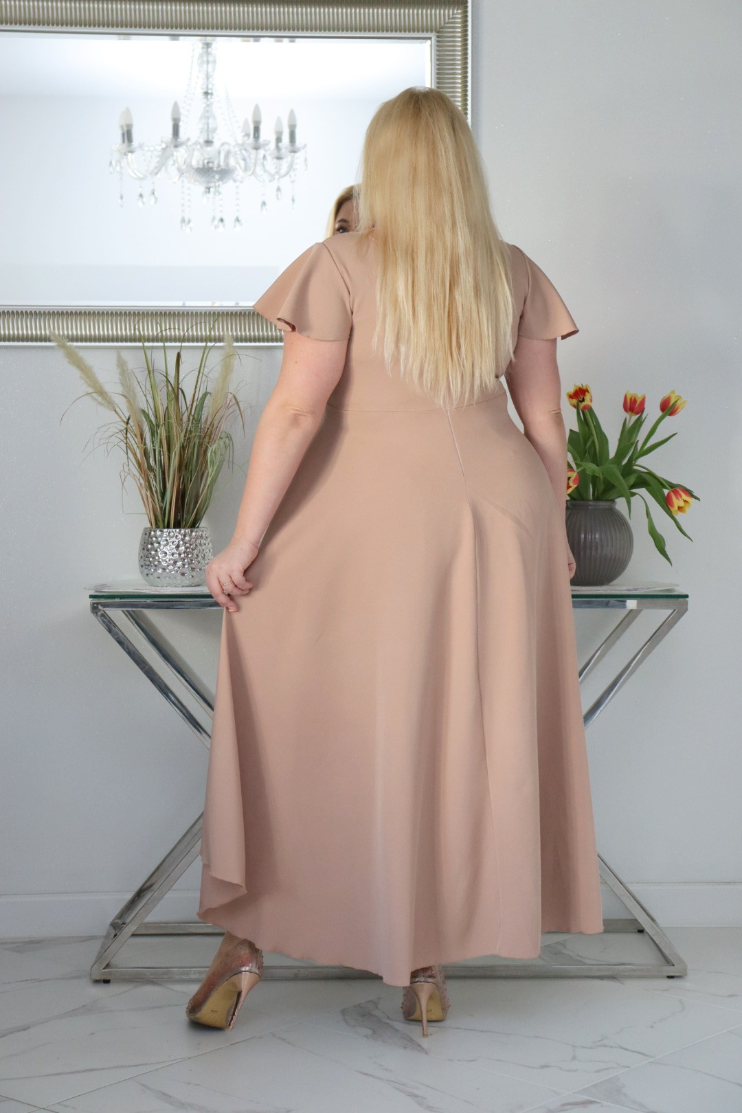 Sukienka Soraja asymetryczna rozkloszowana ekskluzywna kopertowy dekolt nude WYPRZEDAŻ ! - obrazek 6