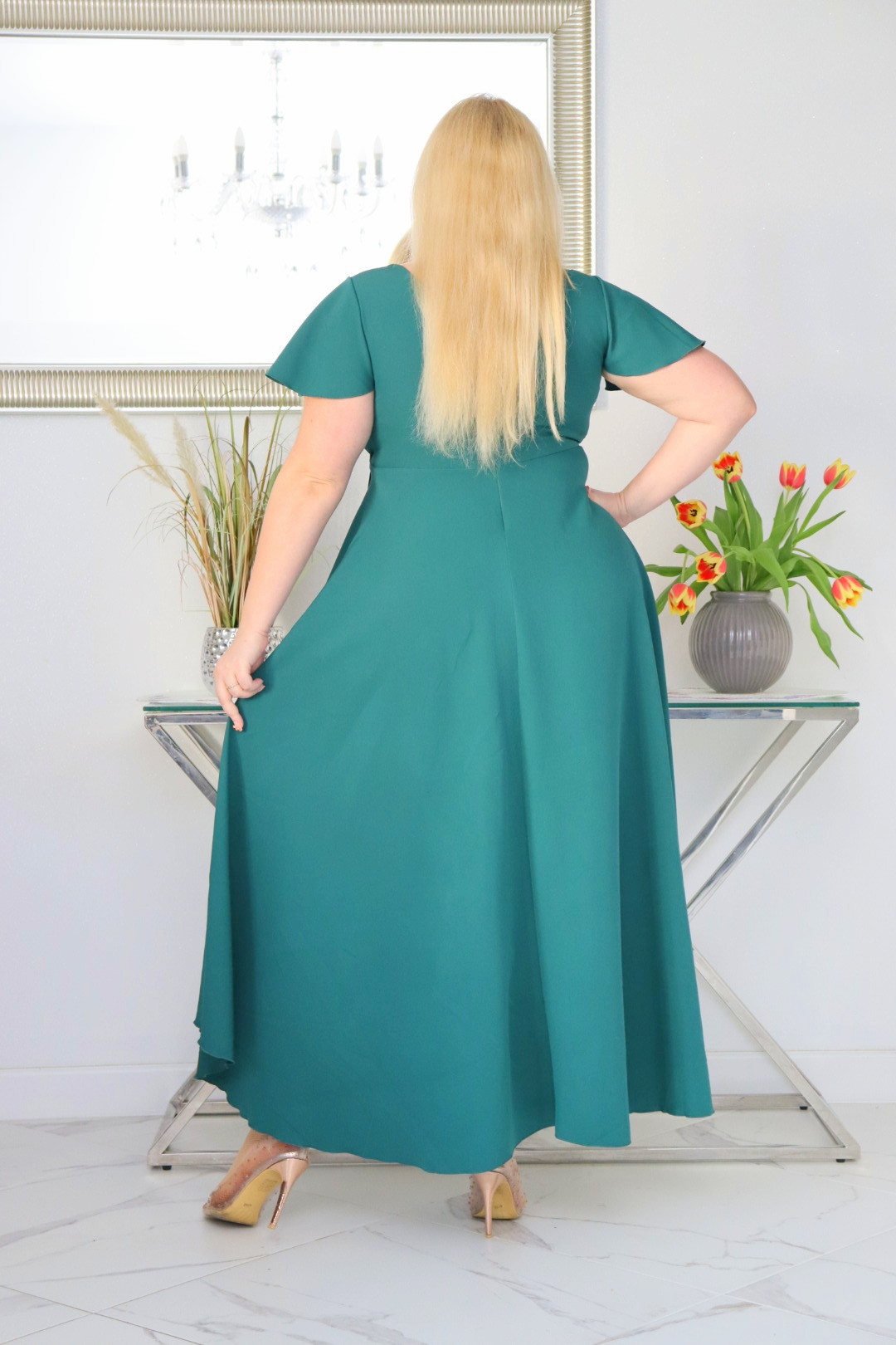 Sukienka Soraja asymetryczna rozkloszowana ekskluzywna kopertowy dekolt butelkowa zieleń WYPRZEDAŻ ! - obrazek 6