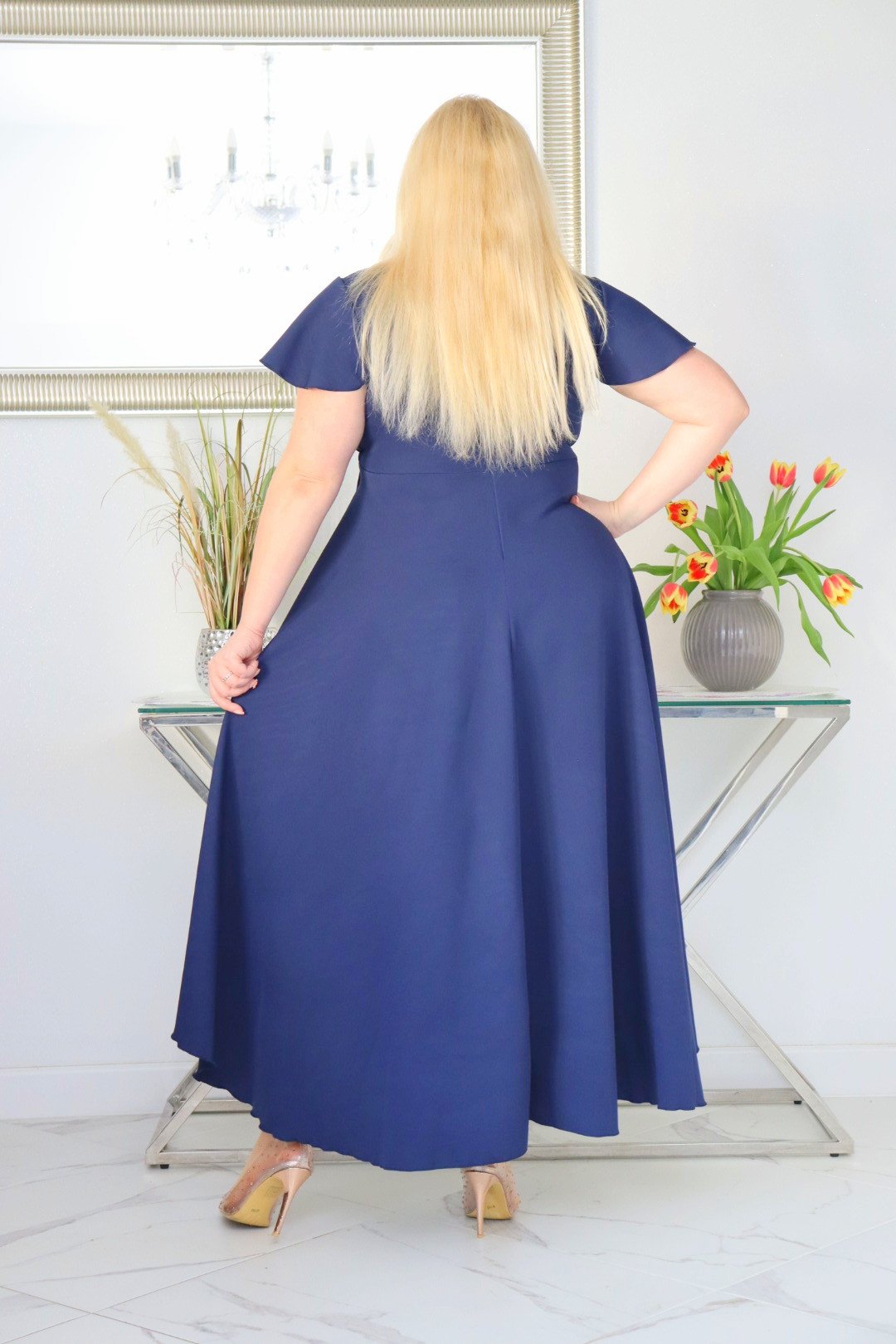 Sukienka Soraja asymetryczna rozkloszowana ekskluzywna kopertowy dekolt granatowa WYPRZEDAŻ ! - obrazek 6