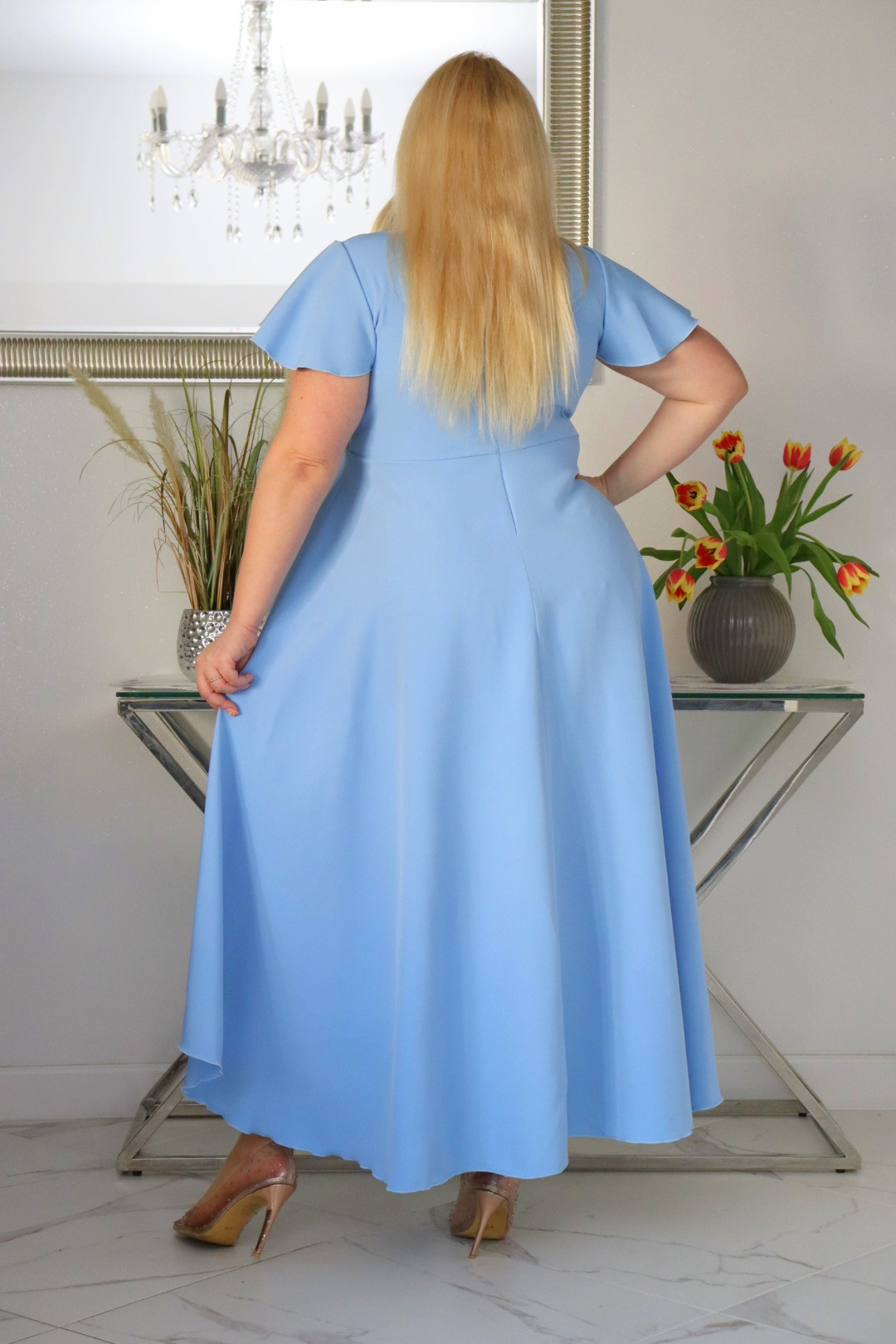 Sukienka Soraja asymetryczna rozkloszowana ekskluzywna kopertowy dekolt błękitna WYPRZEDAŻ ! - obrazek 6